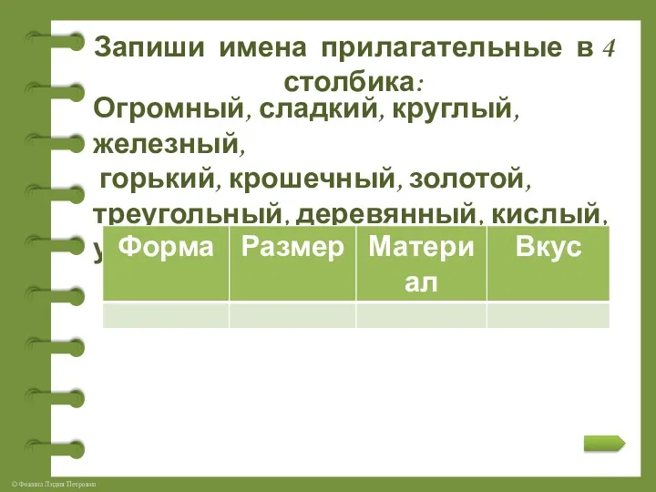 Запиши имена прилагательные в 4 столбика: Огромный, сладкий, круглый, железный,