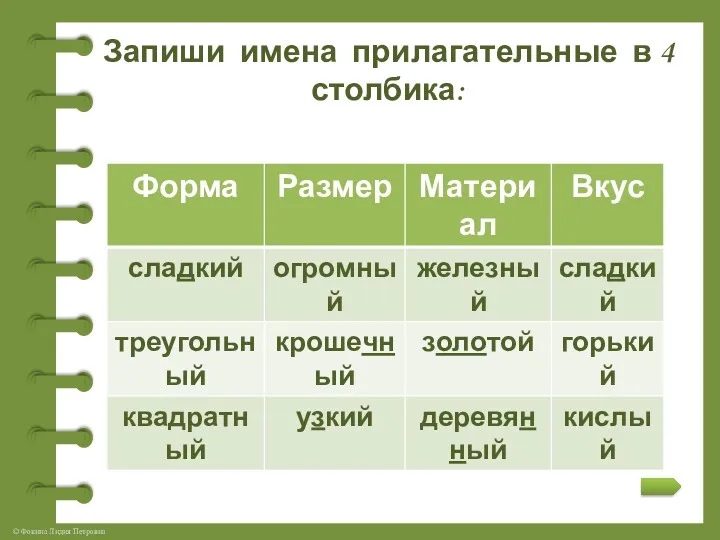 Запиши имена прилагательные в 4 столбика: