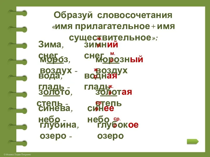 Образуй словосочетания «имя прилагательное+ имя существительное»: Зима, снег - зимний