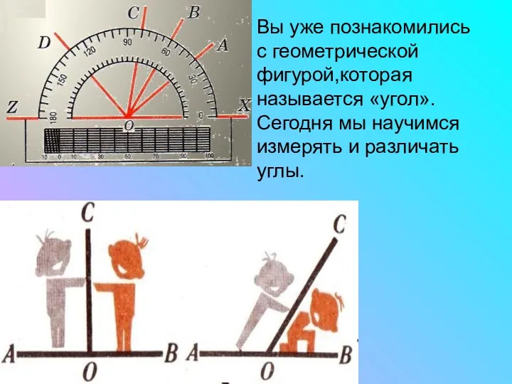 Вы уже познакомились с геометрической фигурой,которая называется «угол». Сегодня мы научимся измерять и различать углы.