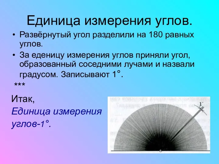 Единица измерения углов. Развёрнутый угол разделили на 180 равных углов.