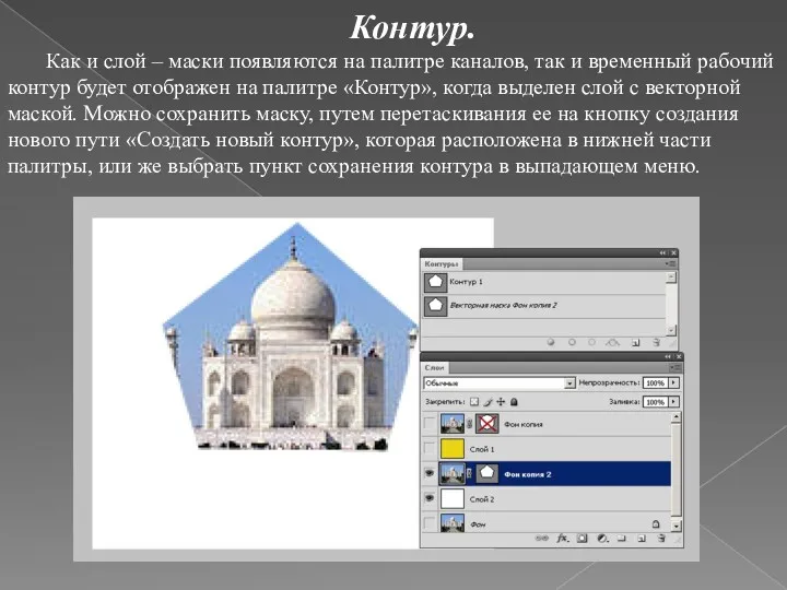 Контур. Как и слой – маски появляются на палитре каналов,
