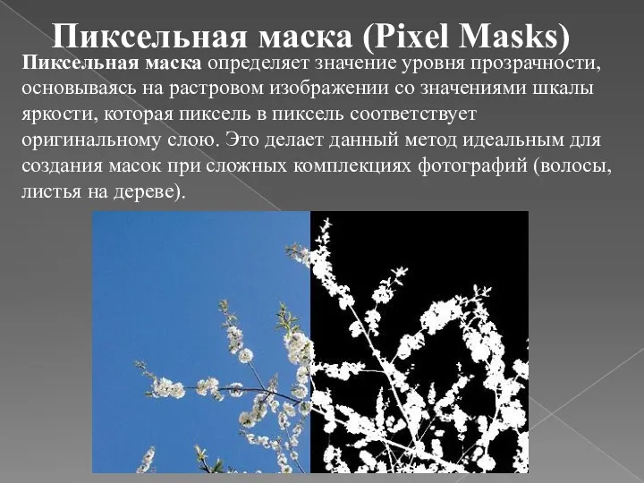 Пиксельная маска (Pixel Masks) Пиксельная маска определяет значение уровня прозрачности,