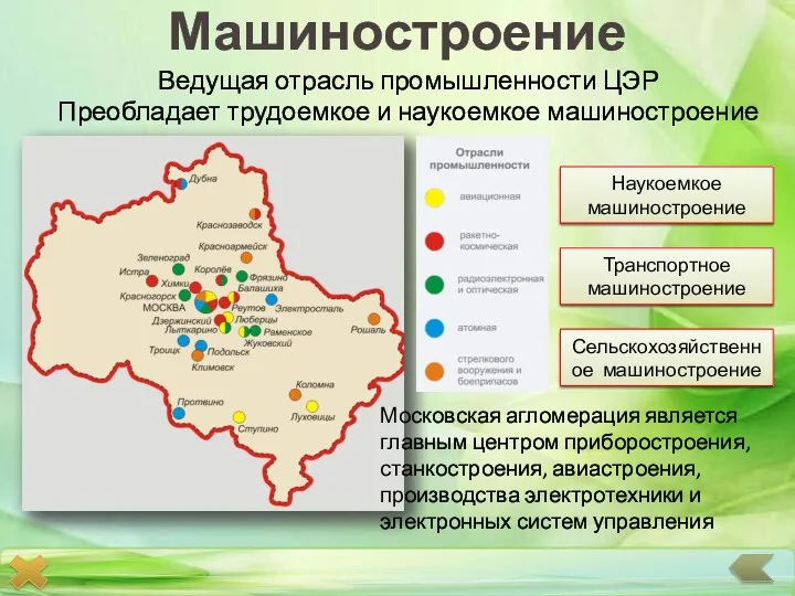 Машиностроение Ведущая отрасль промышленности ЦЭР Преобладает трудоемкое и наукоемкое машиностроение