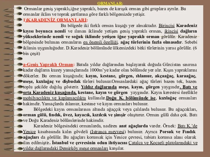 ORMANLAR: Ormanlar geniş yapraklı,iğne yapraklı, bazen de karışık orman gibi gruplara ayrılır. Bu