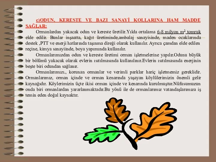 c)ODUN, KERESTE VE BAZI SANAYİ KOLLARINA HAM MADDE SAĞLAR: Ormanlardan yakacak odun ve