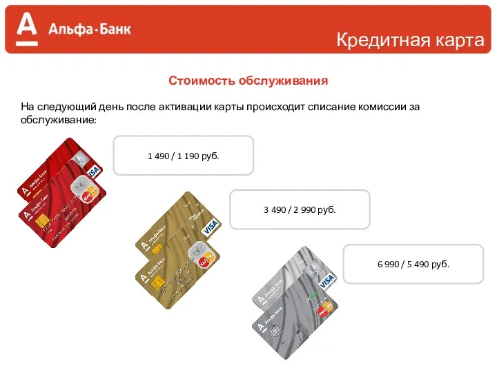 Стоимость обслуживания Кредитная карта 1 490 / 1 190 руб.