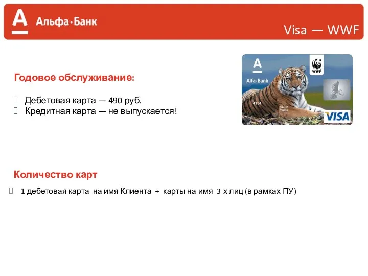 Visa — WWF Годовое обслуживание: Дебетовая карта — 490 руб.