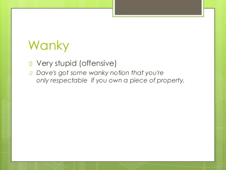 Wanky Very stupid (offensive) Dave's got some wanky notion that you're only respectable