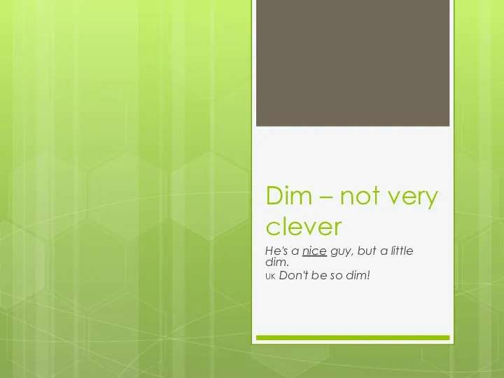 Dim – not very clever He's a nice guy, but a little dim.