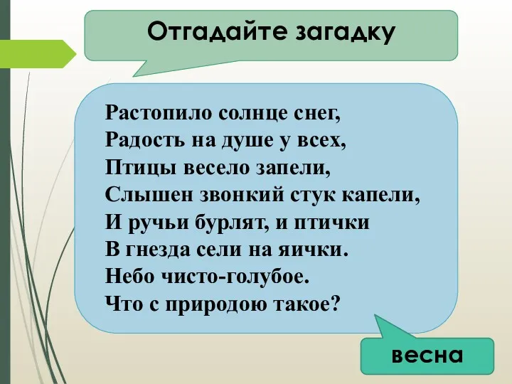 Отгадайте загадку Растопило солнце снег, Радость на душе у всех, Птицы весело запели,