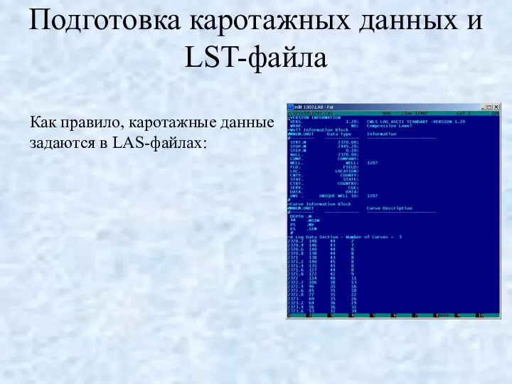 Подготовка каротажных данных и LST-файла Как правило, каротажные данные задаются в LAS-файлах: