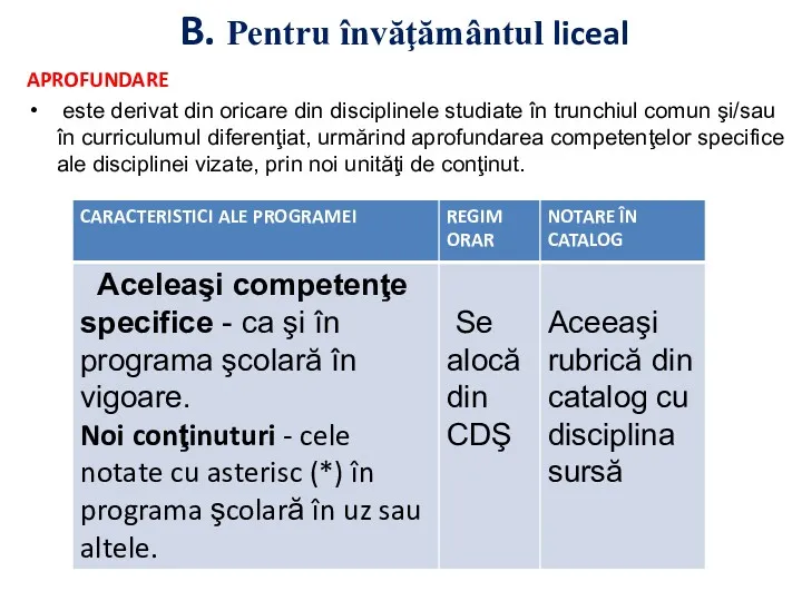 B. Pentru învăţământul liceal APROFUNDARE este derivat din oricare din