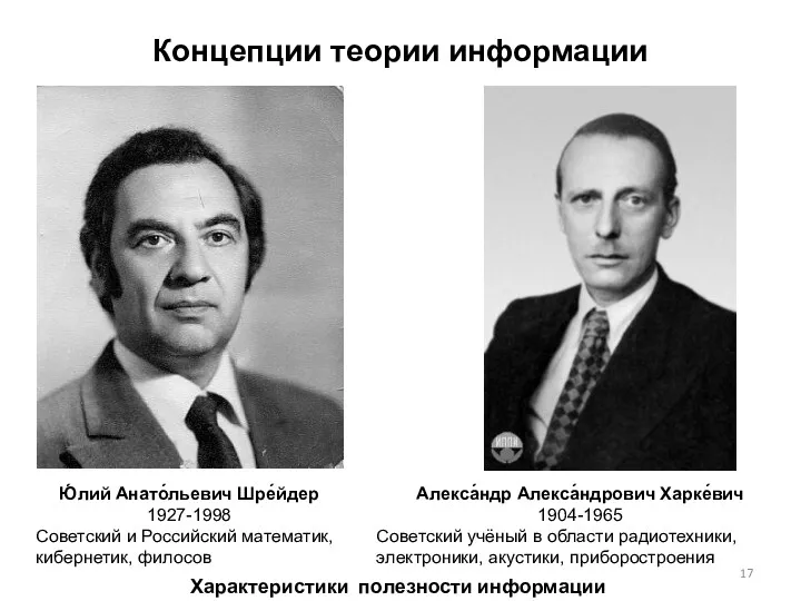Концепции теории информации Характеристики полезности информации Ю́лий Анато́льевич Шре́йдер 1927-1998