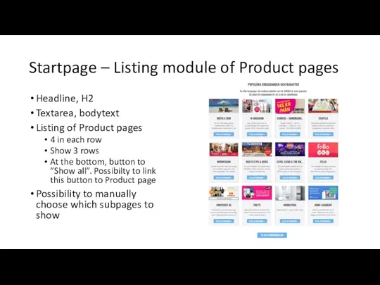 Startpage – Listing module of Product pages Headline, H2 Textarea,