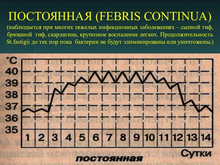 ПОСТОЯННАЯ (FEBRIS CONTINUA) (наблюдается при многих тяжелых инфекционных заболеваниях – сыпной тиф, брюшной