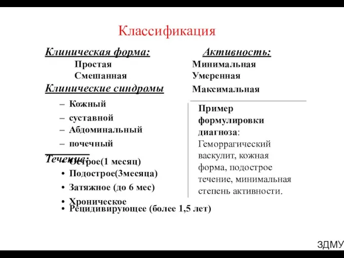 Классификация Клиническая форма: Простая Смешанная Клинические синдромы Кожный суставной Абдоминальный