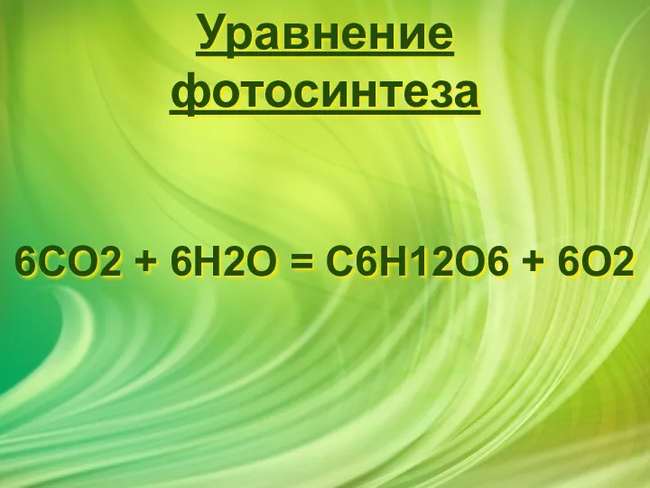 Уравнение фотосинтеза 6CO2 + 6H2O = C6H12O6 + 6O2