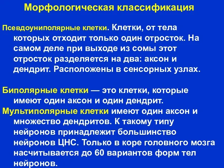 Морфологическая классификация МММ Псевдоуниполярные клетки. Клетки, от тела которых отходит