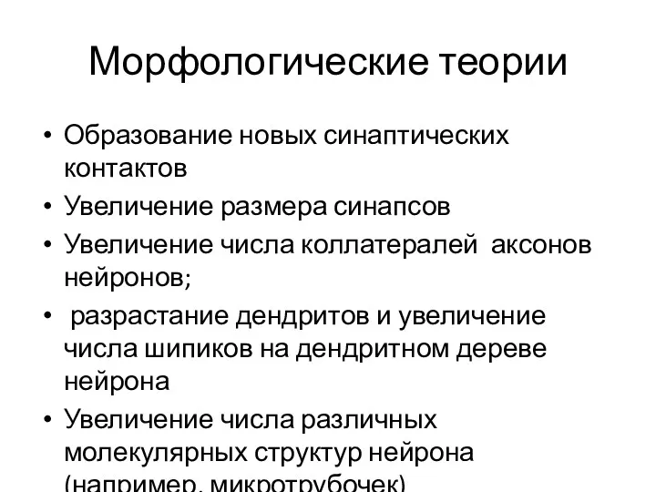 Морфологические теории Образование новых синаптических контактов Увеличение размера синапсов Увеличение