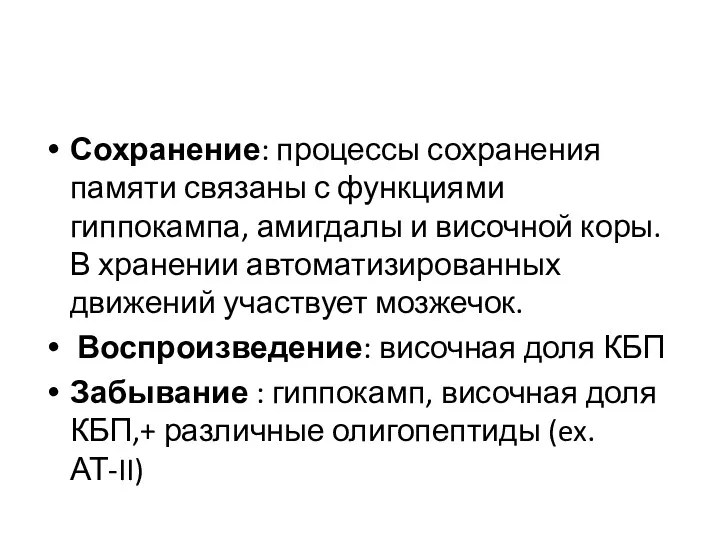 Сохранение: процессы сохранения памяти связаны с функциями гиппокампа, амигдалы и