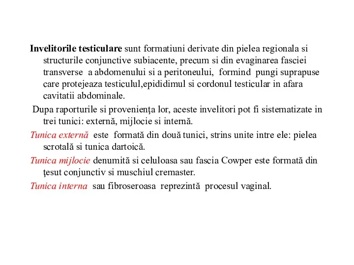 Invelitorile testiculare sunt formatiuni derivate din pielea regionala si structurile