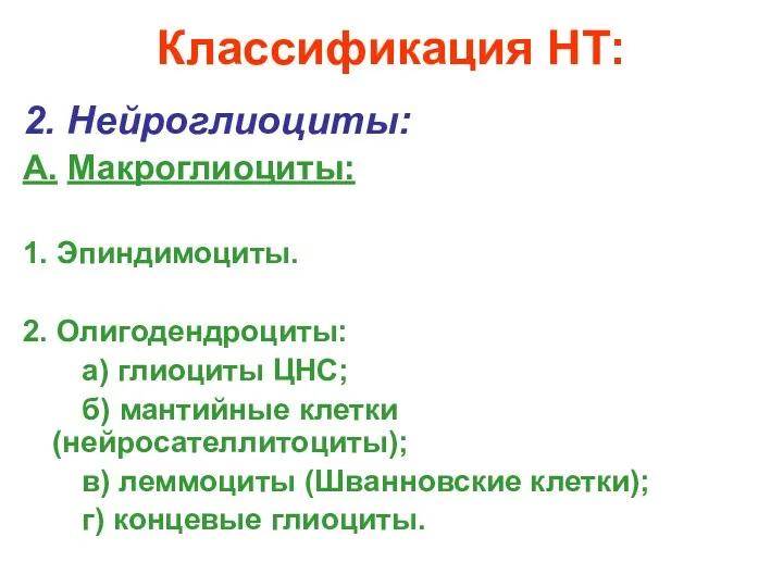 Классификация НТ: 2. Нейроглиоциты: А. Макроглиоциты: 1. Эпиндимоциты. 2. Олигодендроциты: