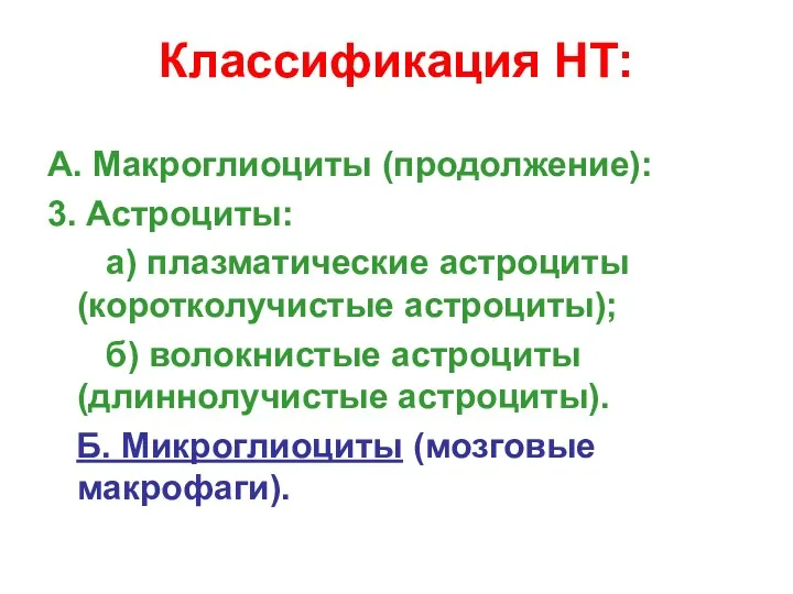 Классификация НТ: А. Макроглиоциты (продолжение): 3. Астроциты: а) плазматические астроциты