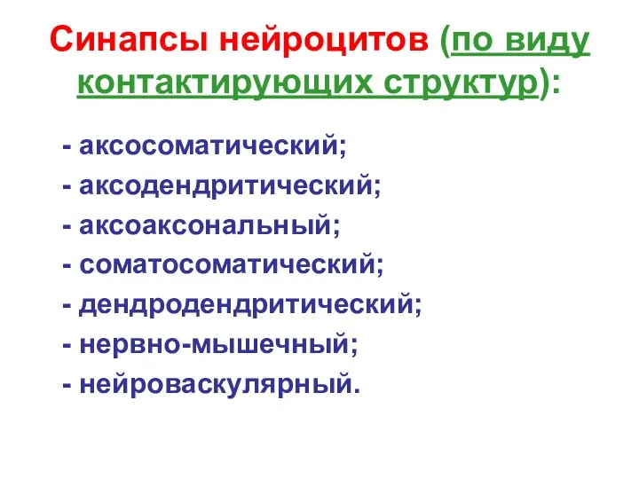 Синапсы нейроцитов (по виду контактирующих структур): - аксосоматический; - аксодендритический;