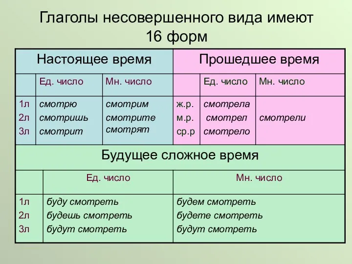 Глаголы несовершенного вида имеют 16 форм