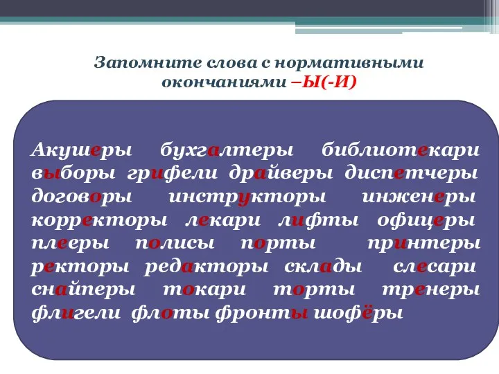 Запомните слова с нормативными окончаниями –Ы(-И) Акушеры бухгалтеры библиотекари выборы