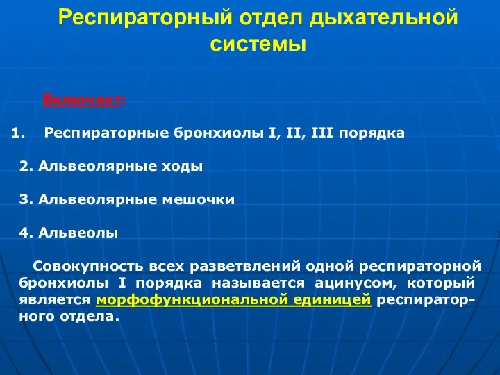 Респираторный отдел дыхательной системы Включает: Респираторные бронхиолы I, II, III порядка 2. Альвеолярные