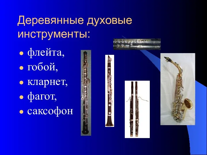 Деревянные духовые инструменты: флейта, гобой, кларнет, фагот, саксофон