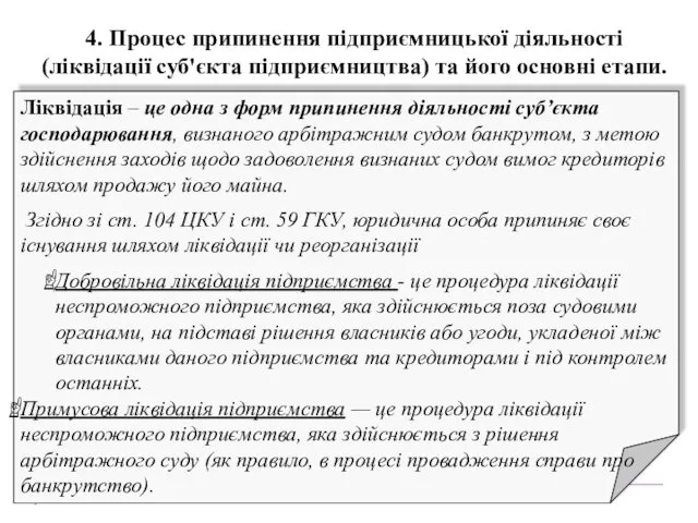 4. Процес припинення підприємницької діяльності (ліквідації суб'єкта підприємництва) та його