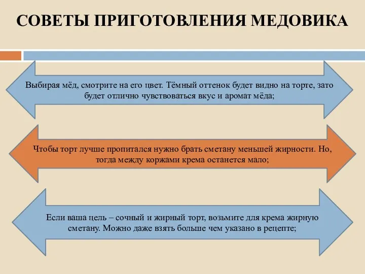 СОВЕТЫ ПРИГОТОВЛЕНИЯ МЕДОВИКА Выбирая мёд, смотрите на его цвет. Тёмный