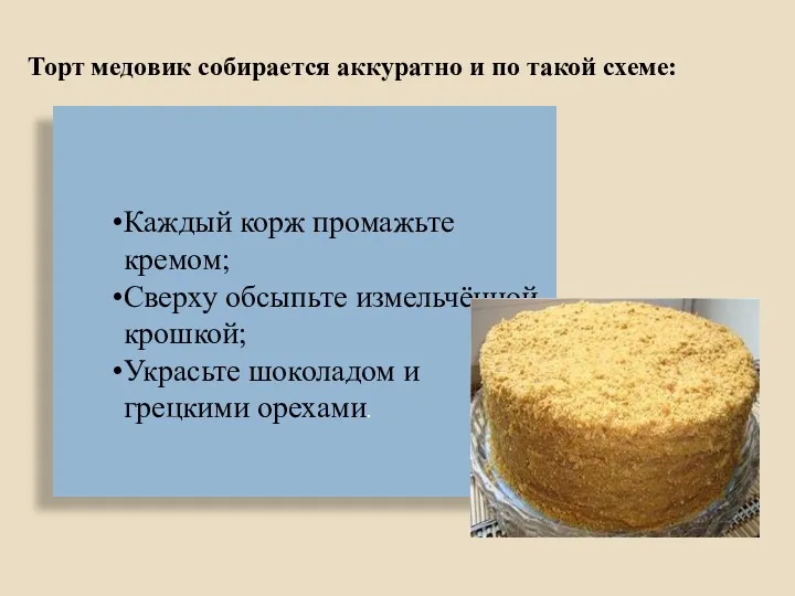 Торт медовик собирается аккуратно и по такой схеме: Каждый корж