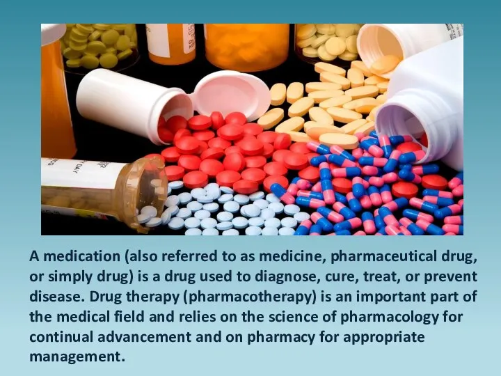 A medication (also referred to as medicine, pharmaceutical drug, or
