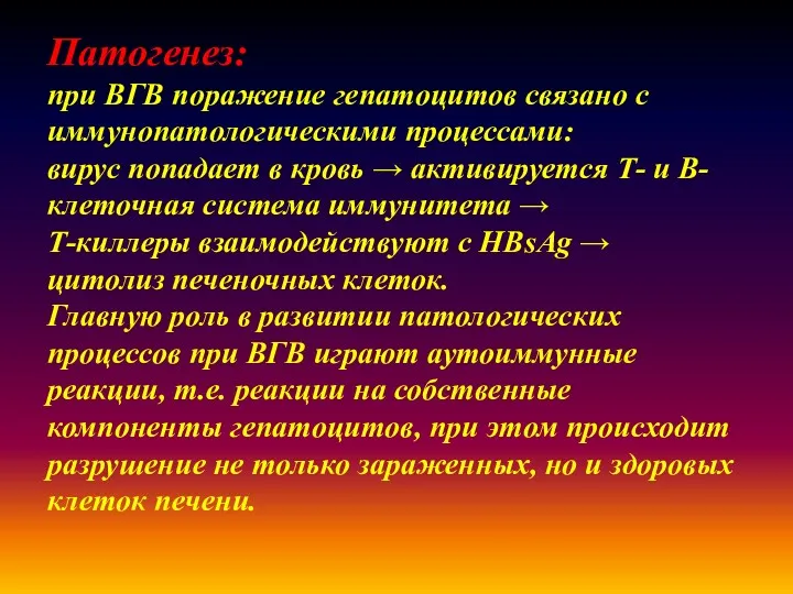 Патогенез: при ВГВ поражение гепатоцитов связано с иммунопатологическими процессами: вирус попадает в кровь