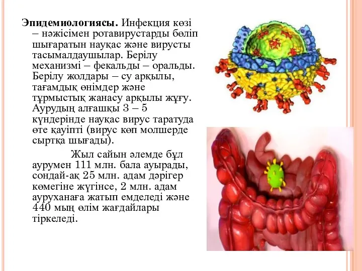 Эпидемиологиясы. Инфекция көзі – нәжісімен ротавирустарды бөліп шығаратын науқас және