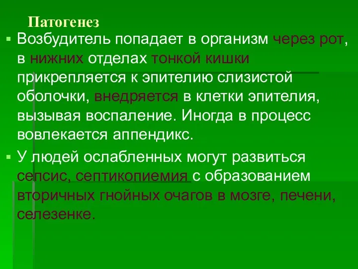 Патогенез Возбудитель попадает в организм через рот, в нижних отделах