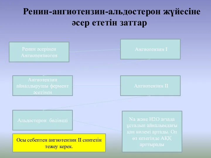 Ренин-ангиотензин-альдостерон жүйесіне әсер ететін заттар Ренин әсерінен Ангиотензиоген Альдостерон бөлінеді