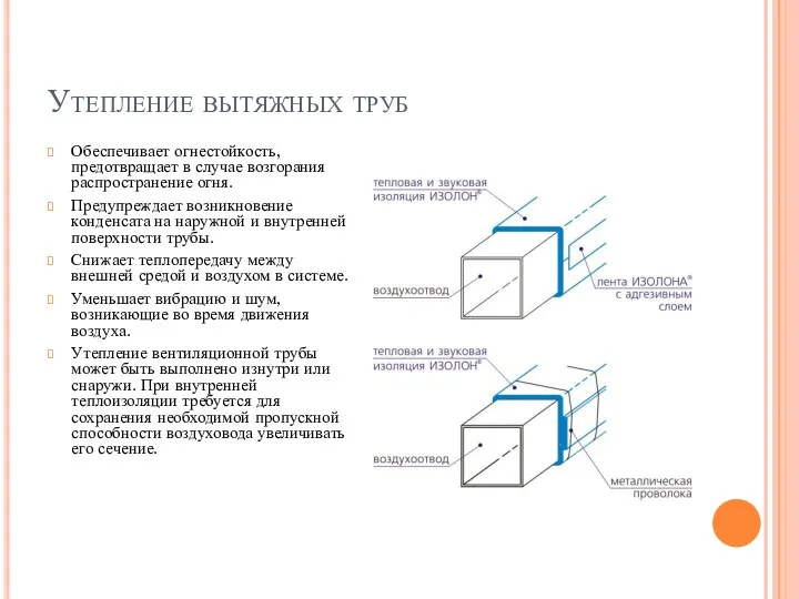 Утепление вытяжных труб Обеспечивает огнестойкость, предотвращает в случае возгорания распространение