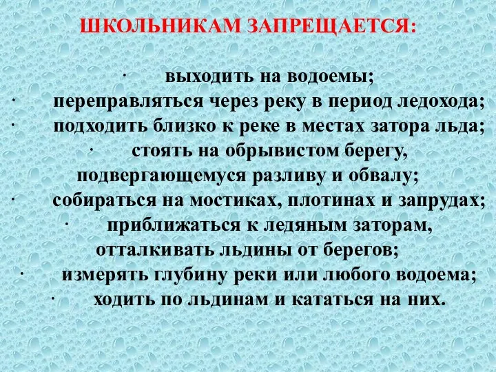 ШКОЛЬНИКАМ ЗАПРЕЩАЕТСЯ: · выходить на водоемы; · переправляться через реку