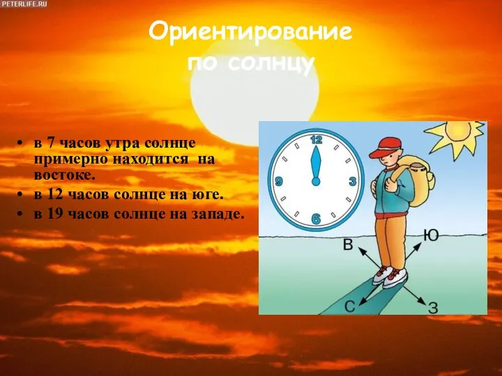 Ориентирование по солнцу в 7 часов утра солнце примерно находится