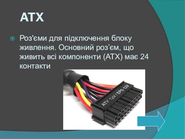 ATX Роз'єми для підключення блоку живлення. Основний роз’єм, що живить всі компоненти (ATX) має 24 контакти