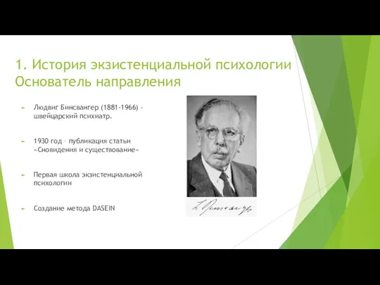 1. История экзистенциальной психологии Основатель направления Людвиг Бинсвангер (1881-1966) -