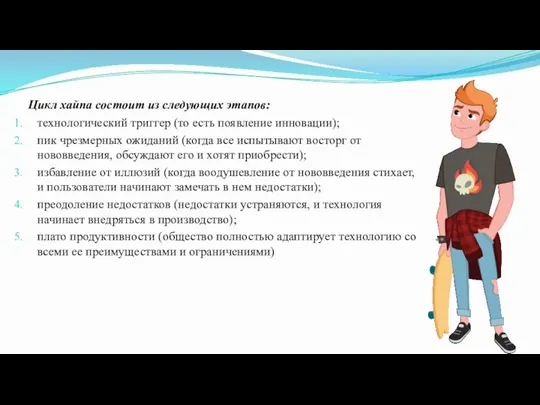 Цикл хайпа состоит из следующих этапов: технологический триггер (то есть