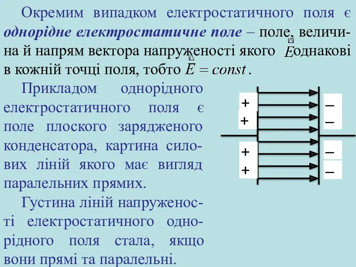 Прикладом однорідного електростатичного поля є поле плоского зарядженого конденсатора, картина