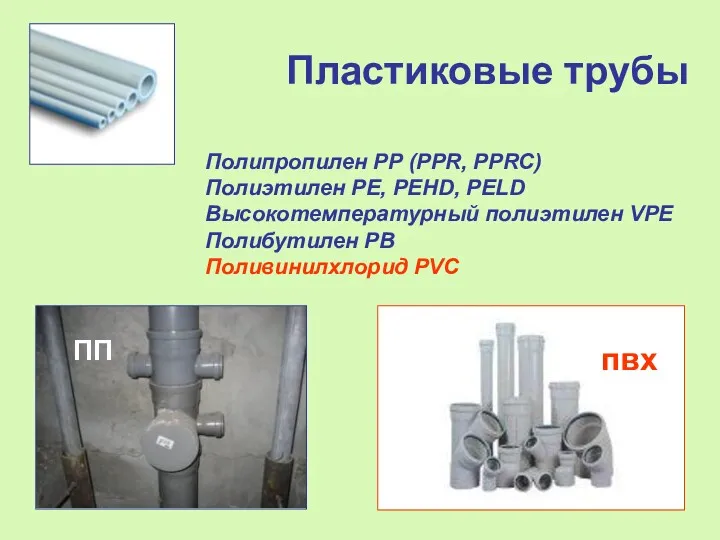 Пластиковые трубы Полипропилен РР (PPR, PPRC) Полиэтилен PE, PEHD, PELD Высокотемпературный полиэтилен VPE