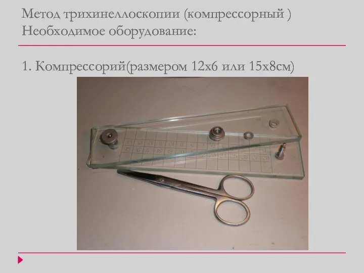 Метод трихинеллоскопии (компрессорный ) Необходимое оборудование: 1. Компрессорий(размером 12x6 или 15x8см)